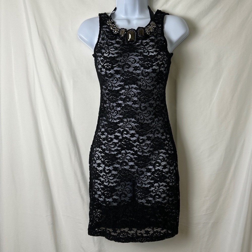 Marquis Womans Black Lace Sheer Mini Dress Size S Jewel Whimsigoth Fairy Grunge